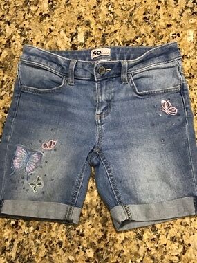 SO Light Blue Denim Shorts with Pink & Purple Butterfly Embroidery